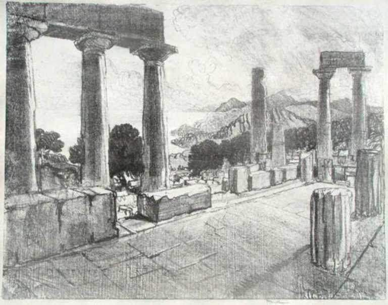 Print by Joseph Pennell: Aegina, the Black Forest [Temple of Aphaia, Aegina, Greece], represented by Childs Gallery