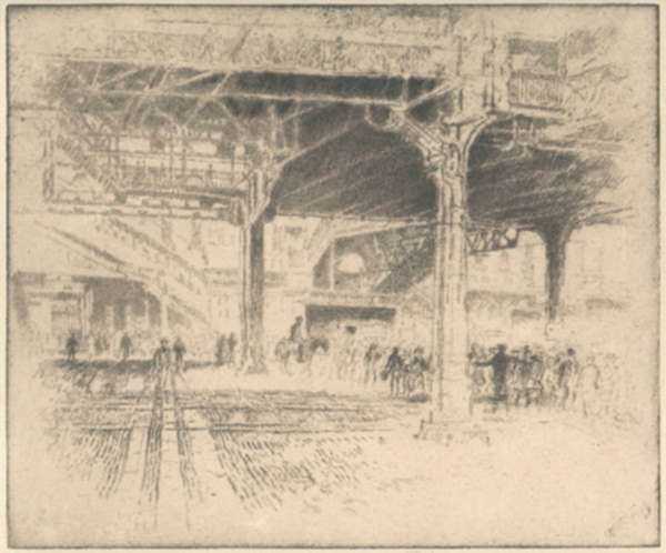 Print by Joseph Pennell: Back from Atlantic City, Pennsylvania Station, Philadelphia, represented by Childs Gallery
