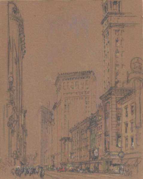 Pastel by Joseph Pennell: Broadway and 29th [Near the Flatiron Building, New York City, represented by Childs Gallery