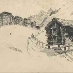 Drawing by Joseph Pennell: Chalets on the Outskirts of Zermatt [Switzerland], represented by Childs Gallery