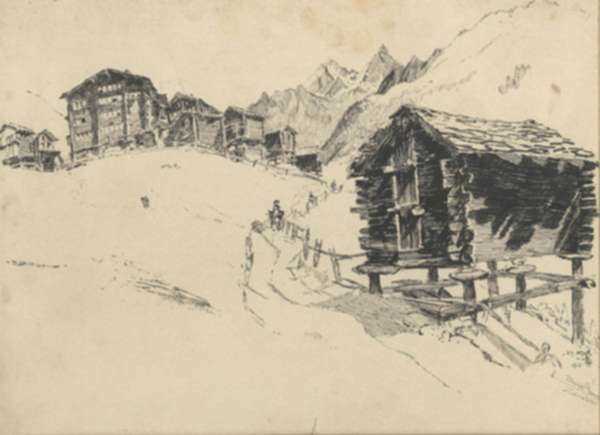 Drawing by Joseph Pennell: Chalets on the Outskirts of Zermatt [Switzerland], represented by Childs Gallery