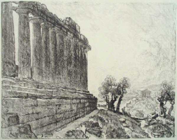 Print by Joseph Pennell: From Temple to Temple, Girgenti [Agrigento, Sicily, Italy], represented by Childs Gallery
