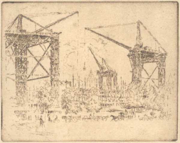 Print by Joseph Pennell: Great Cranes at South Kensington [London, England], represented by Childs Gallery