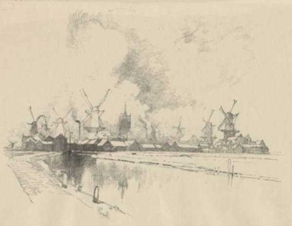 Print by Joseph Pennell: Outside Schiedam [Holland], represented by Childs Gallery