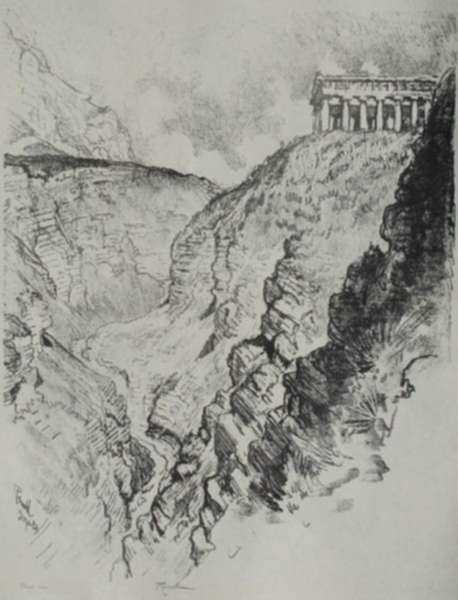 Print by Joseph Pennell: Temple over the Cañon, Segesta [Sicily, Italy], represented by Childs Gallery