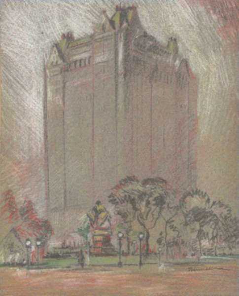 Pastel by Joseph Pennell: The Plaza Hotel [New York], represented by Childs Gallery