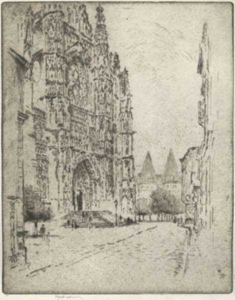 Print by Joseph Pennell: Towers of the Bishop's Palace, Beauvais [France], represented by Childs Gallery