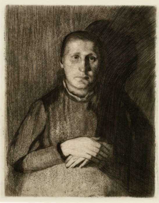 Print by Käthe Kollwitz: Frau Mit Unereinandergelegten Handen [Woman with Folded Hand, represented by Childs Gallery