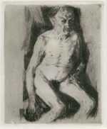 Print by Käthe Kollwitz: Sitzender Mannlicher Akt [Sitting male nude], represented by Childs Gallery