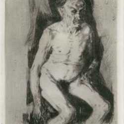 Print by Käthe Kollwitz: Sitzender Mannlicher Akt [Sitting male nude], represented by Childs Gallery