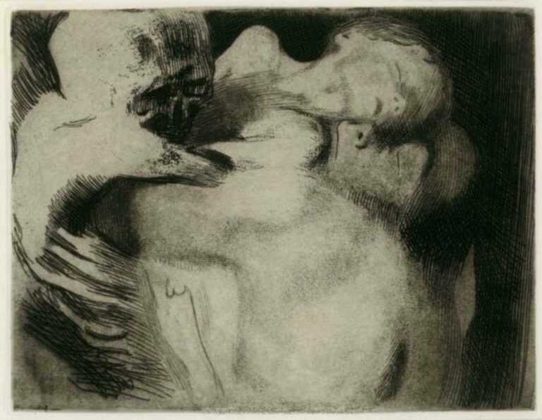Print by Käthe Kollwitz: Tod und frau um das kind ringend [Death and a woman circling, represented by Childs Gallery
