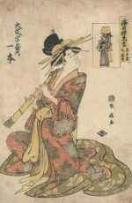 Print by Katsukawa Shunsen: Hitomoto of Daimonji House Playing a Shakuhachi, represented by Childs Gallery