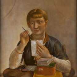 Painting by Kenneth Hayes Miller: Portrait of a Woman Reading a Letter, represented by Childs Gallery