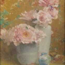 Pastel by Laura Coombs Hills: [Pink Flowers in Vases], represented by Childs Gallery