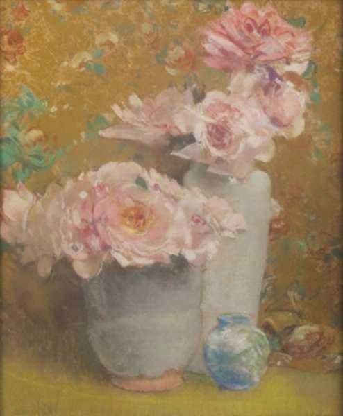 Pastel by Laura Coombs Hills: [Pink Flowers in Vases], represented by Childs Gallery