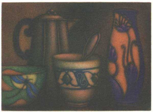 Print by Laurent Schkolnyk: Chocolatière et Vase Gallé (Chocolate-Pot and Gallé Vase), represented by Childs Gallery