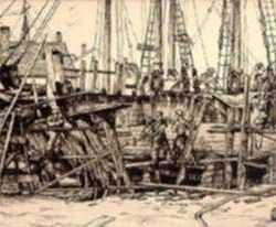 Print by Lawrence Nelson Wilbur: Ship Building, Gloucester, represented by Childs Gallery