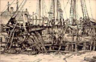 Print by Lawrence Nelson Wilbur: Ship Building, Gloucester, represented by Childs Gallery