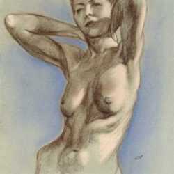 Drawing by Leo Meissner: [Female Nude Stretching], represented by Childs Gallery