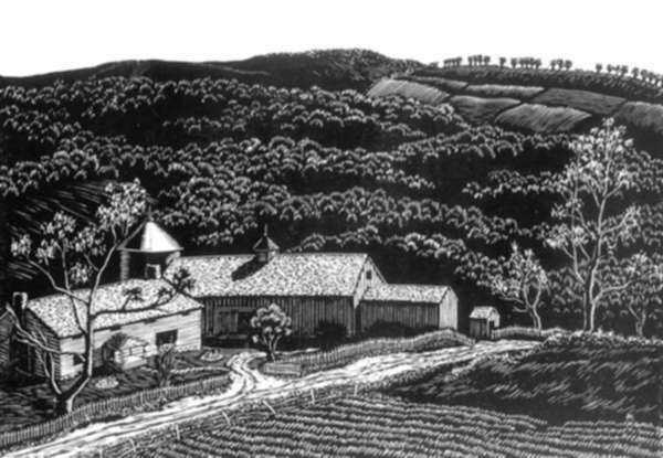 Print by Leo Meissner: American Farm, represented by Childs Gallery