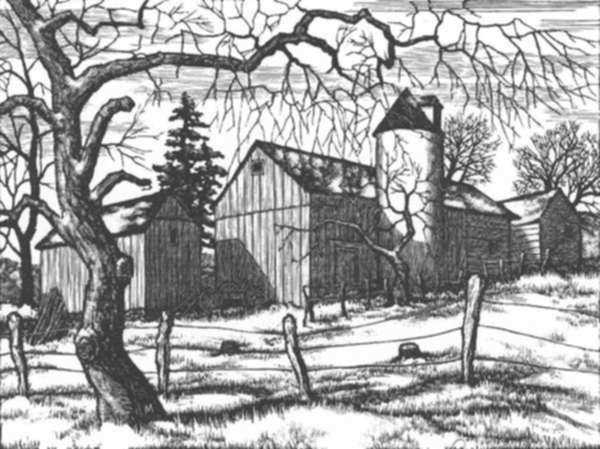 Print by Leo Meissner: Farm Buildings, represented by Childs Gallery