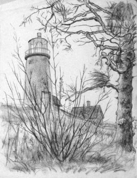 Drawing by Leo Meissner: Monhegan Light [Monhegan Island, Maine], represented by Childs Gallery