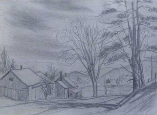 Drawing by Leo Meissner: On Road Back from Oneonta [New York], represented by Childs Gallery