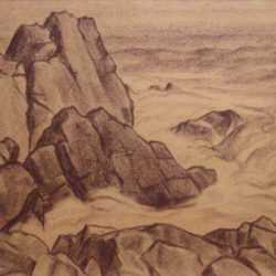 Drawing by Leo Meissner: Rocks and Surf, Monhegan [Maine], represented by Childs Gallery