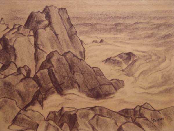 Drawing by Leo Meissner: Rocks and Surf, Monhegan [Maine], represented by Childs Gallery