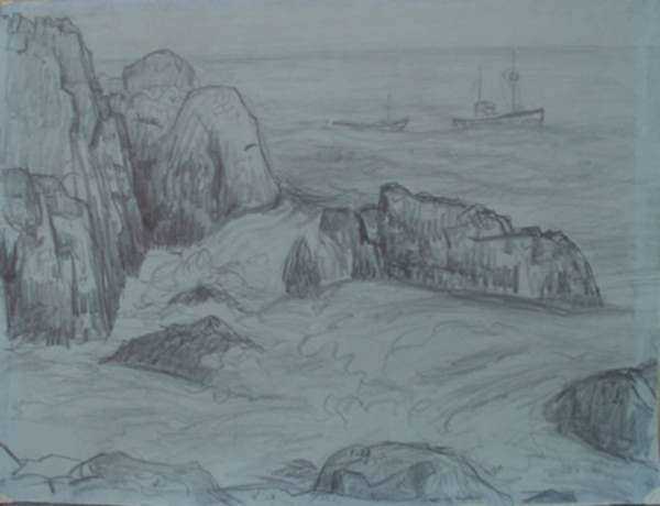 Drawing by Leo Meissner: Seiner off Monhegan, represented by Childs Gallery