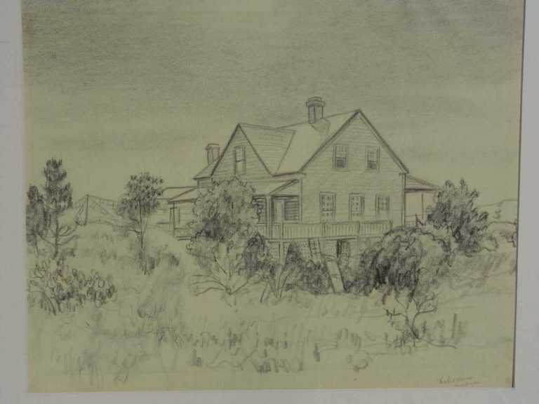 Drawing by Leo Meissner: The Red House, Monhegan [Maine], represented by Childs Gallery