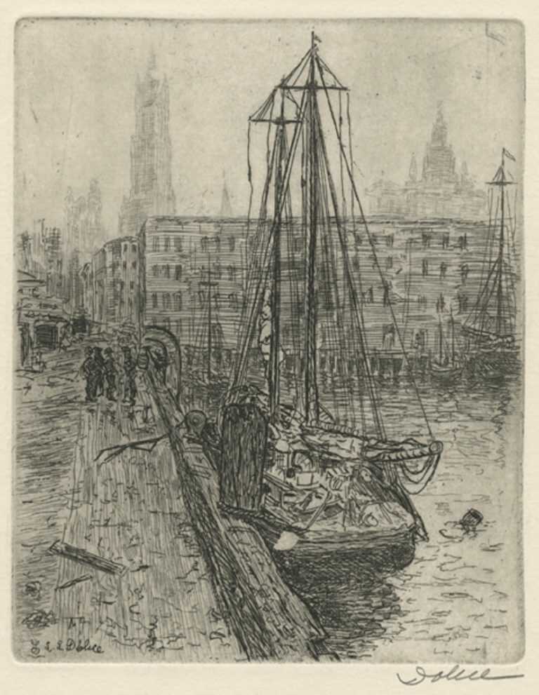 Print by Leon Dolice: Fulton Fish Market II (East River, N.Y.), available at Childs Gallery, Boston