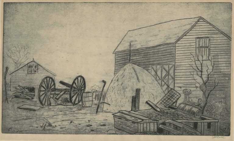 Print by Leon Dolice: Behind the Barn, represented by Childs Gallery