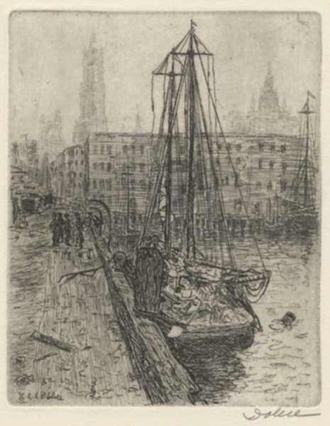 Print by Leon Dolice: Fulton Fish Market II (East River, N.Y.), represented by Childs Gallery
