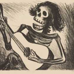 Print by Leopoldo Mendez: [Calavera Playing Guitar], available at Childs Gallery, Boston