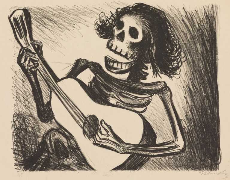 Print by Leopoldo Mendez: [Calavera Playing Guitar], available at Childs Gallery, Boston