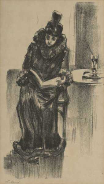 Print by Lesser Ury: Lesende Dame im Cafe I (Woman Reading at the Cafe I), represented by Childs Gallery