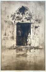 Print by Levon West: [Woman holding her hat and standing in dark doorway, Venice], available at Childs Gallery, Boston