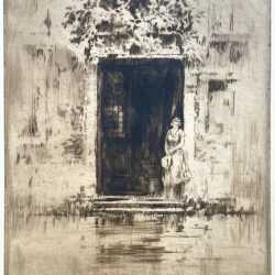 Print by Levon West: [Woman holding her hat and standing in dark doorway, Venice], available at Childs Gallery, Boston