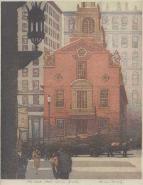 Print by Louis Novak: The Old State House, Boston, represented by Childs Gallery