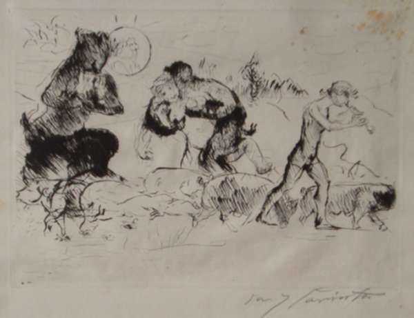 Print by Lovis Corinth: Faun, Nymphe, und Schweinehirt (Faun, Nymph, and Swineherd), represented by Childs Gallery