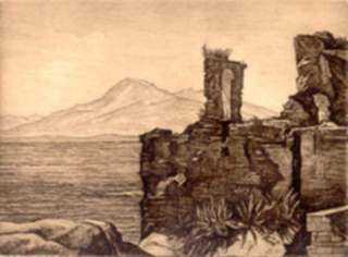 Print by Luigi Lucioni: Romantic Ruins, represented by Childs Gallery