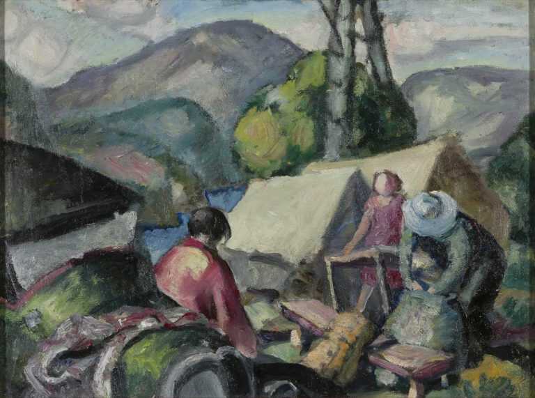 Painting By Mabel Ducasse: Breaking Camp; Verso: Woman With Parasol At Childs Gallery