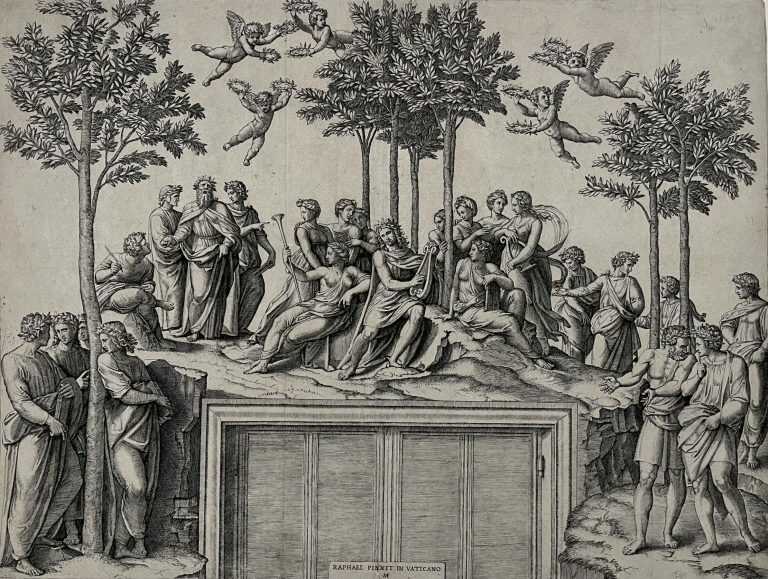 Print by Marcantonio Raimondi (Workshop of): Apollo on Parnassus [after engraving by Marcantonio Raimondi (1480 1534) after Raphael Sanzio (1483 1520)], available at Childs Gallery, Boston