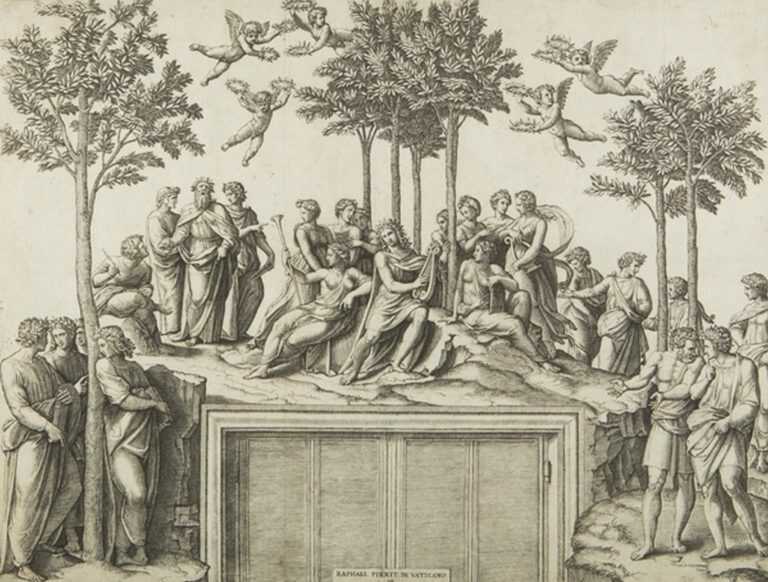Print by Marcantonio Raimondi: Apollo and the Muses on Parnassus [after Raphael], available at Childs Gallery, Boston