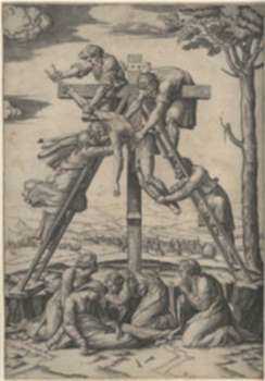 Print by Marcantonio Raimondi: Descent from the Cross [after Raphael Sanzio (1483-1520)], represented by Childs Gallery