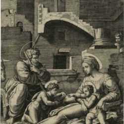 Print by Marcantonio Raimondi: Holy Family with the Young St. John the Baptist or The Virgi, represented by Childs Gallery