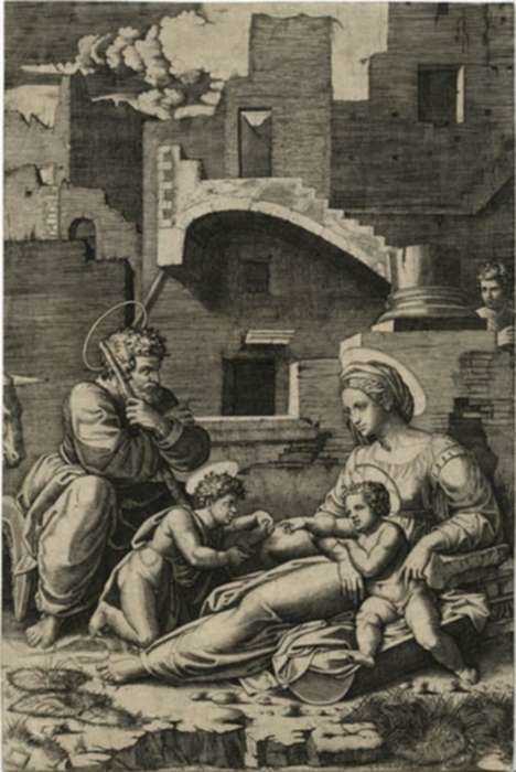 Print by Marcantonio Raimondi: Holy Family with the Young St. John the Baptist or The Virgi, represented by Childs Gallery