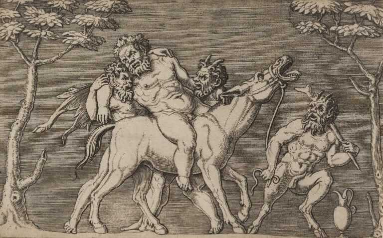 By Marcantonio Raimondi: Two Satyrs Placing Silenus On A Braying Ass At Childs Gallery
