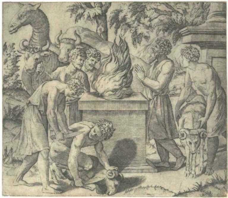 Print by Marco Dente da Ravenna: Noah's Sacrifice [after Raphael Sanzio (1483-1520)], represented by Childs Gallery